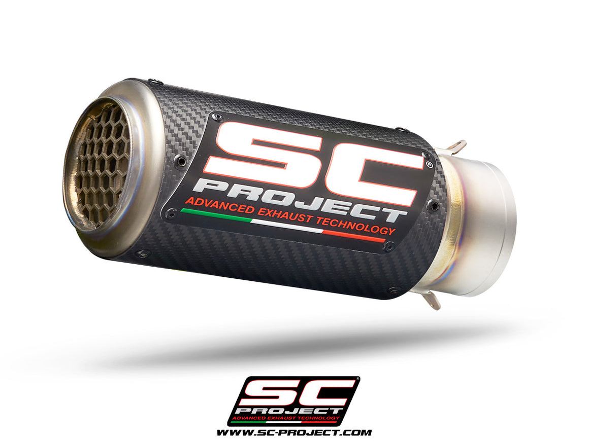 Picture of CR-T carbon fibre exhaust, with stoneguard grid, 70 mm inlet diameter