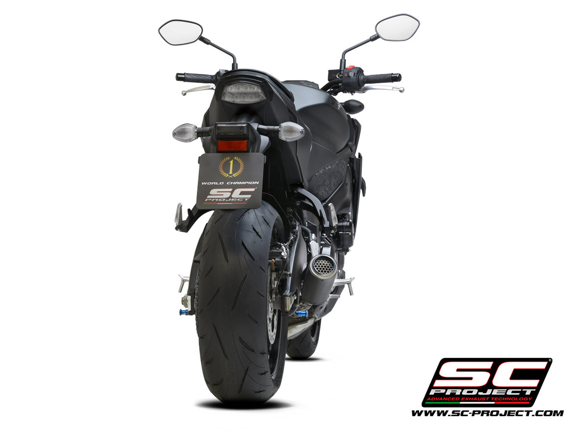 Picture of CR-T carbon fibre exhaust, with stoneguard grid