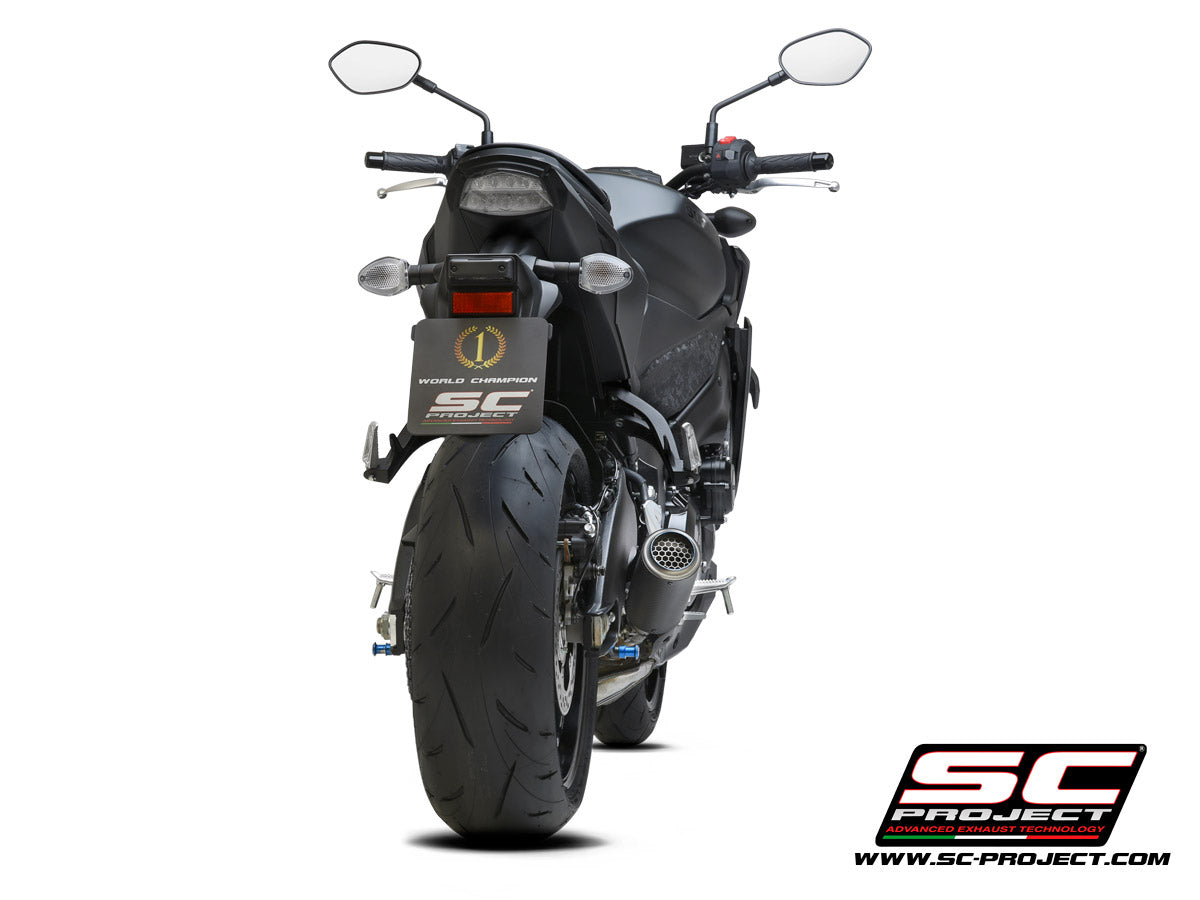 Picture of CR-T carbon fibre exhaust, with stoneguard grid