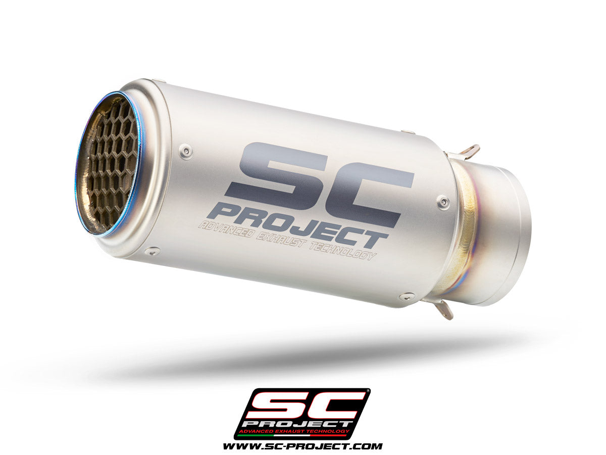 Picture of CR-T titanium exhaust, with stoneguard grid, 70 mm inlet diameter