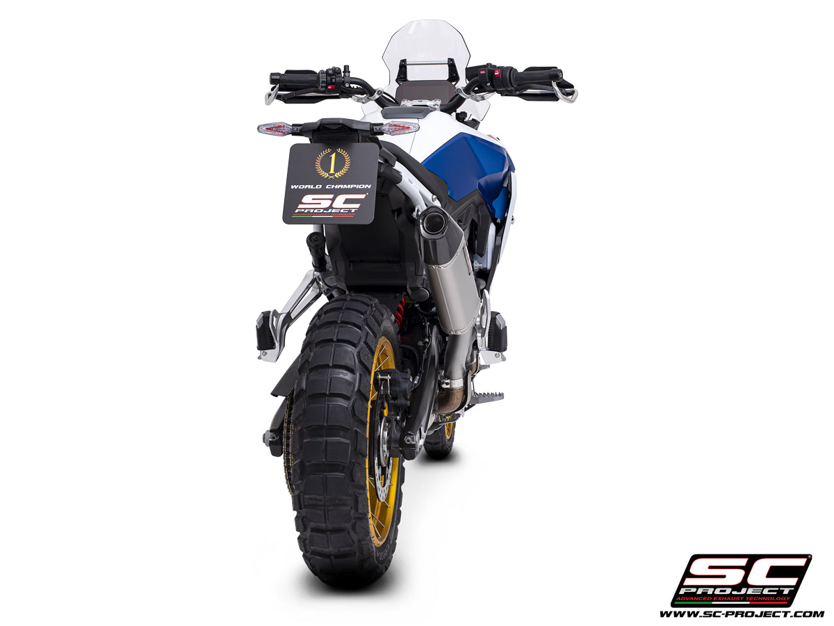 BMW F 900 GS with SC-Project MX titanium exhaust, 3/4 rear view