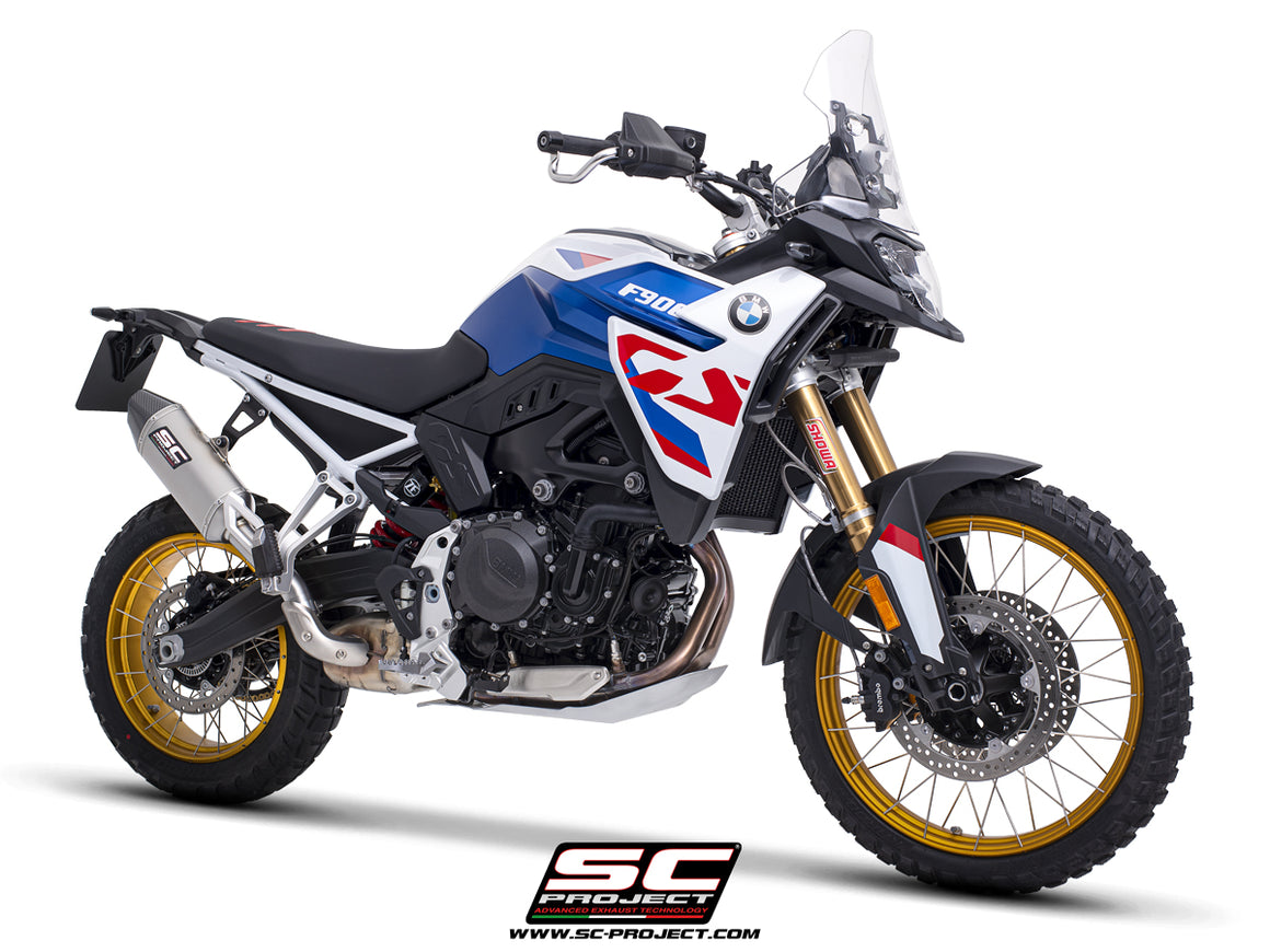 BMW F 900 GS with SC-Project MX titanium exhaust, 3/4 rear view