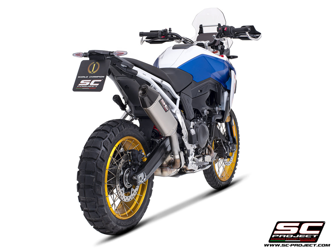BMW F 900 GS with SC-Project MX titanium exhaust, 3/4 rear view
