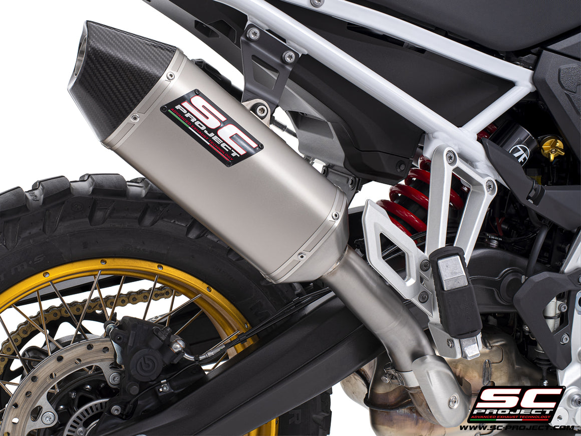 BMW F 900 GS with SC-Project MX titanium exhaust, 3/4 rear view