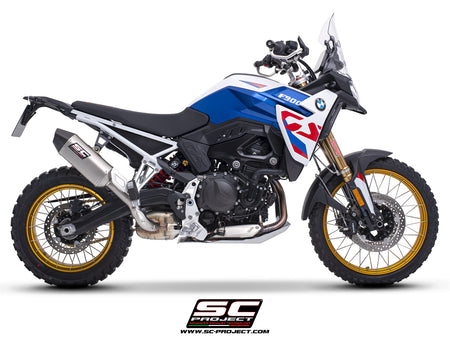 BMW F 900 GS with SC-Project MX titanium exhaust, 3/4 rear view