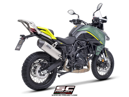 Benelli TRK 702 with SC-Project X-Plorer II GT titanium exhaust, 3/4 rear view
