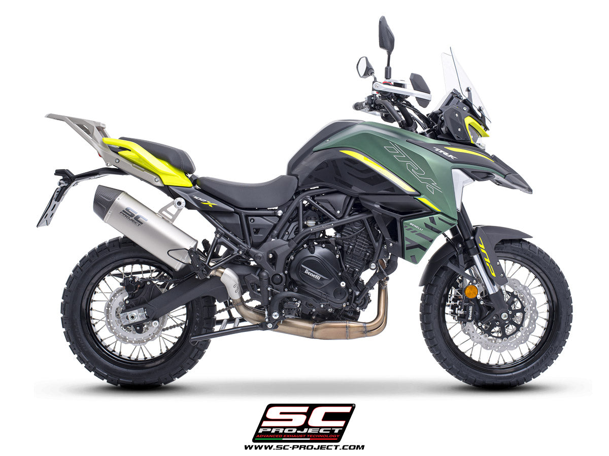 Benelli TRK 702 with SC-Project X-Plorer II GT titanium exhaust, 3/4 rear view