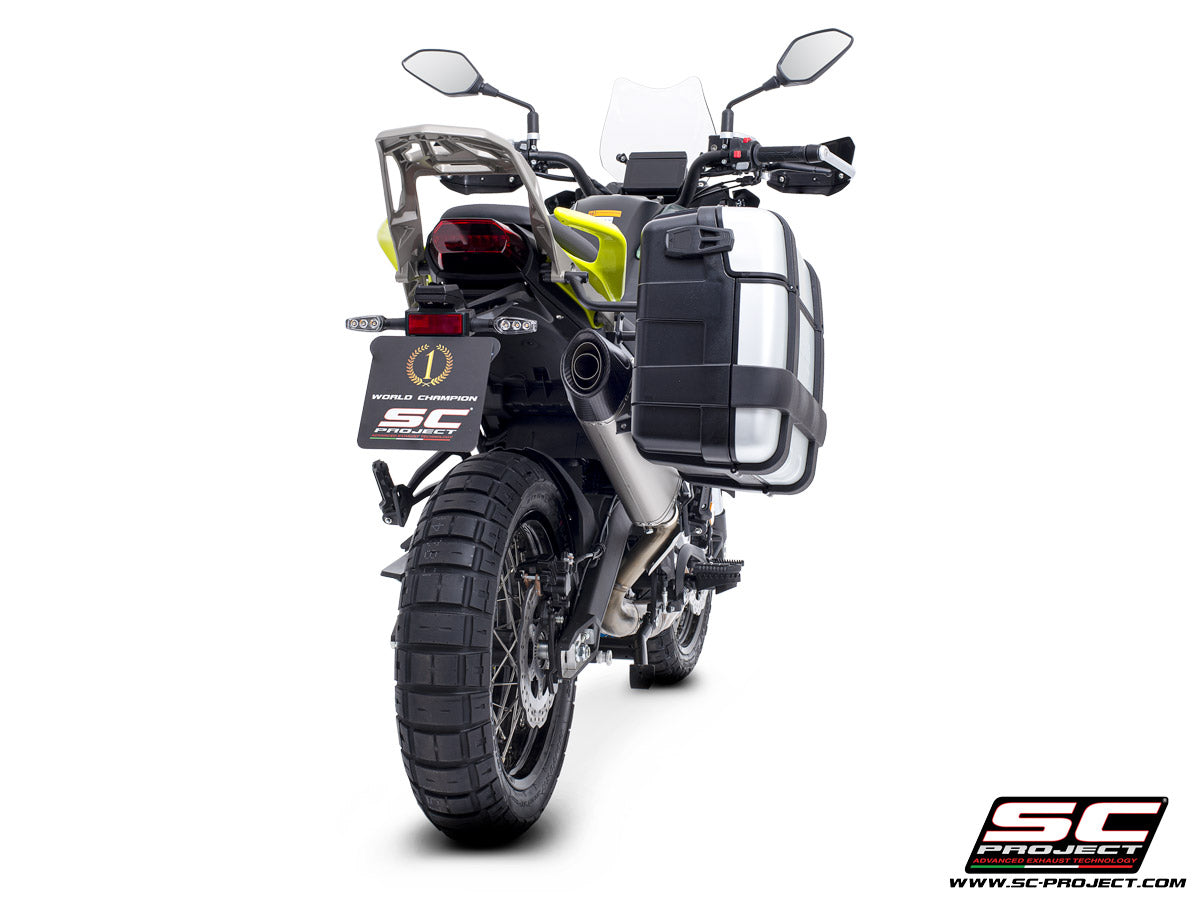 Benelli TRK 702 with SC-Project X-Plorer II GT titanium exhaust, 3/4 rear view