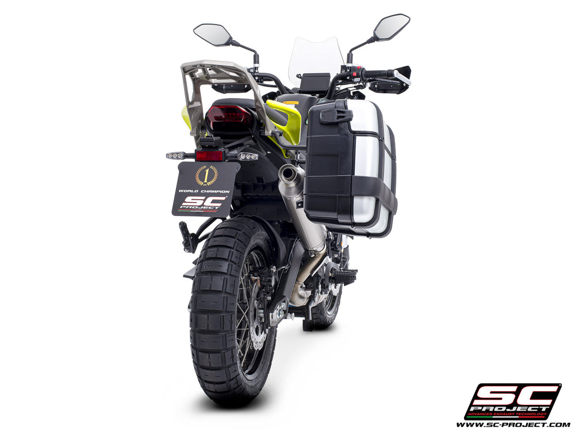Benelli TRK 702 with SC-Project Rally-S titanium exhaust, 3/4 rear view