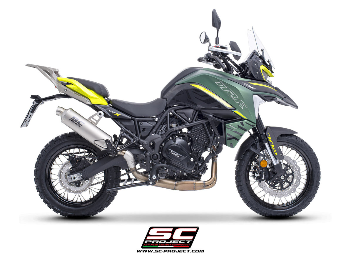 Benelli TRK 702 with SC-Project Rally-S titanium exhaust, 3/4 rear view