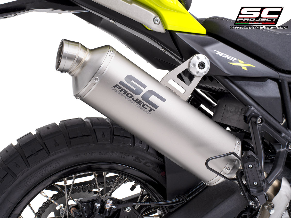 Benelli TRK 702 with SC-Project Rally-S titanium exhaust, 3/4 rear view