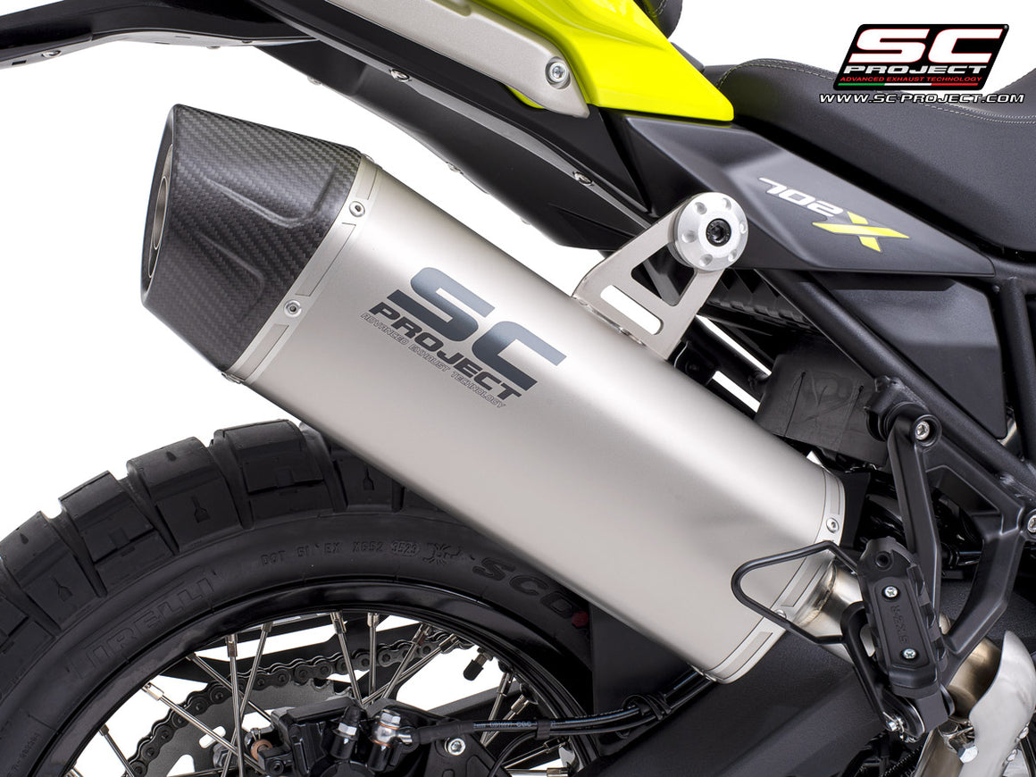 Benelli TRK 702 with SC-Project X-Plorer II GT titanium exhaust, 3/4 rear view