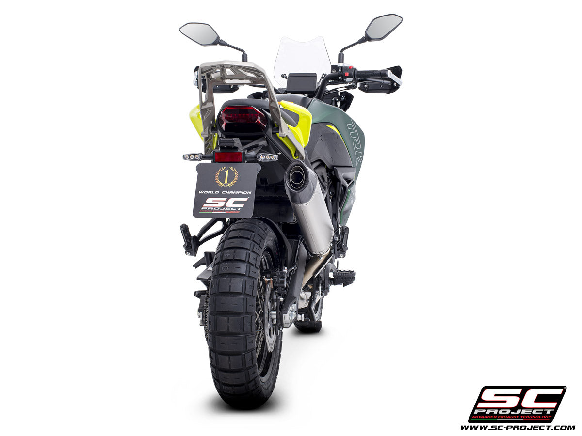 Benelli TRK 702 with SC-Project X-Plorer II GT titanium exhaust, 3/4 rear view