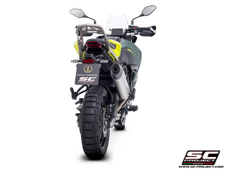 Benelli TRK 702 with SC-Project X-Plorer II GT titanium exhaust, 3/4 rear view