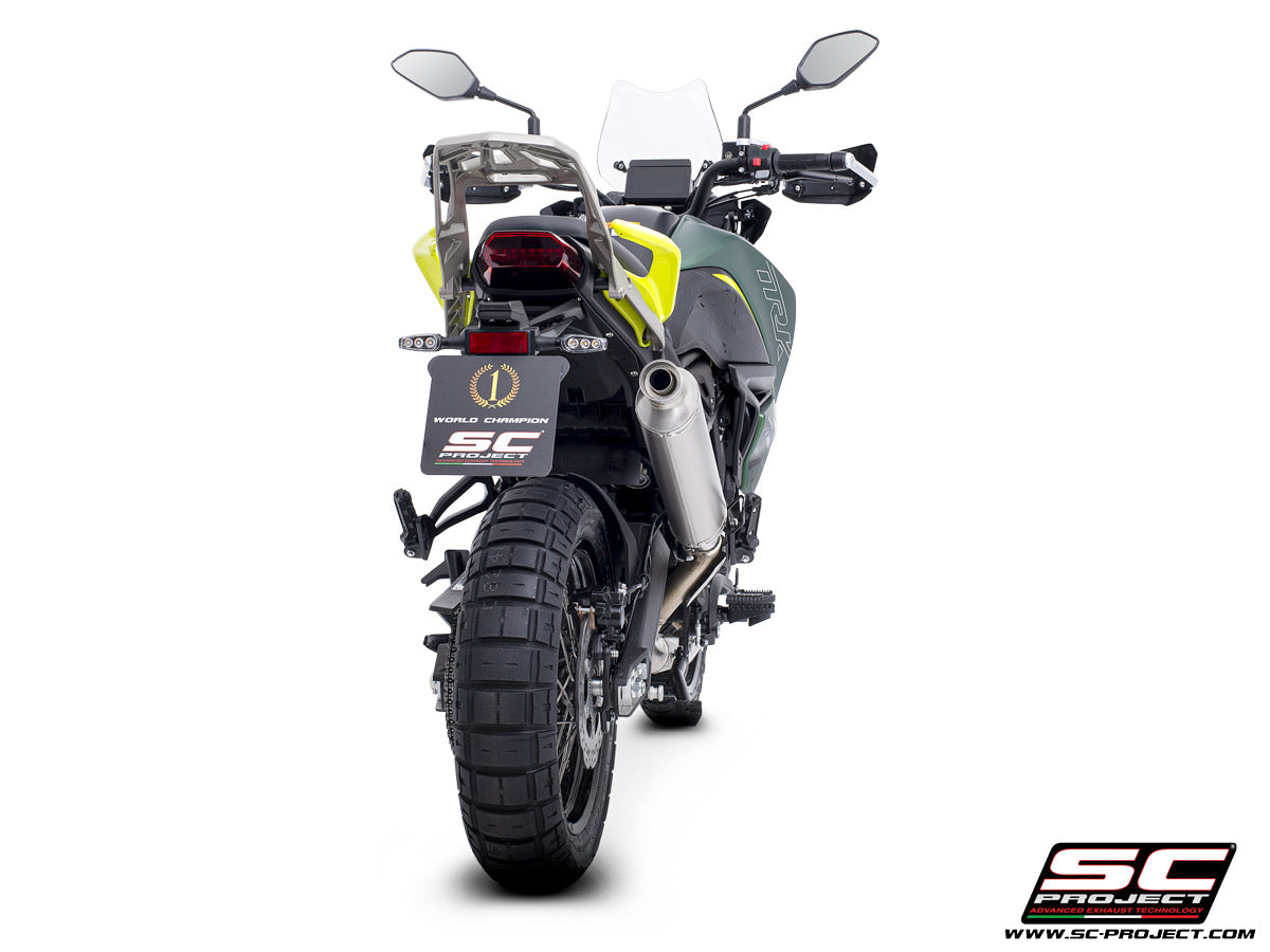 Benelli TRK 702 with SC-Project Rally-S titanium exhaust, 3/4 rear view