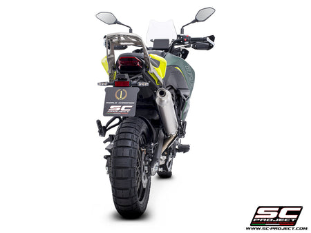 Benelli TRK 702 with SC-Project Rally-S titanium exhaust, 3/4 rear view