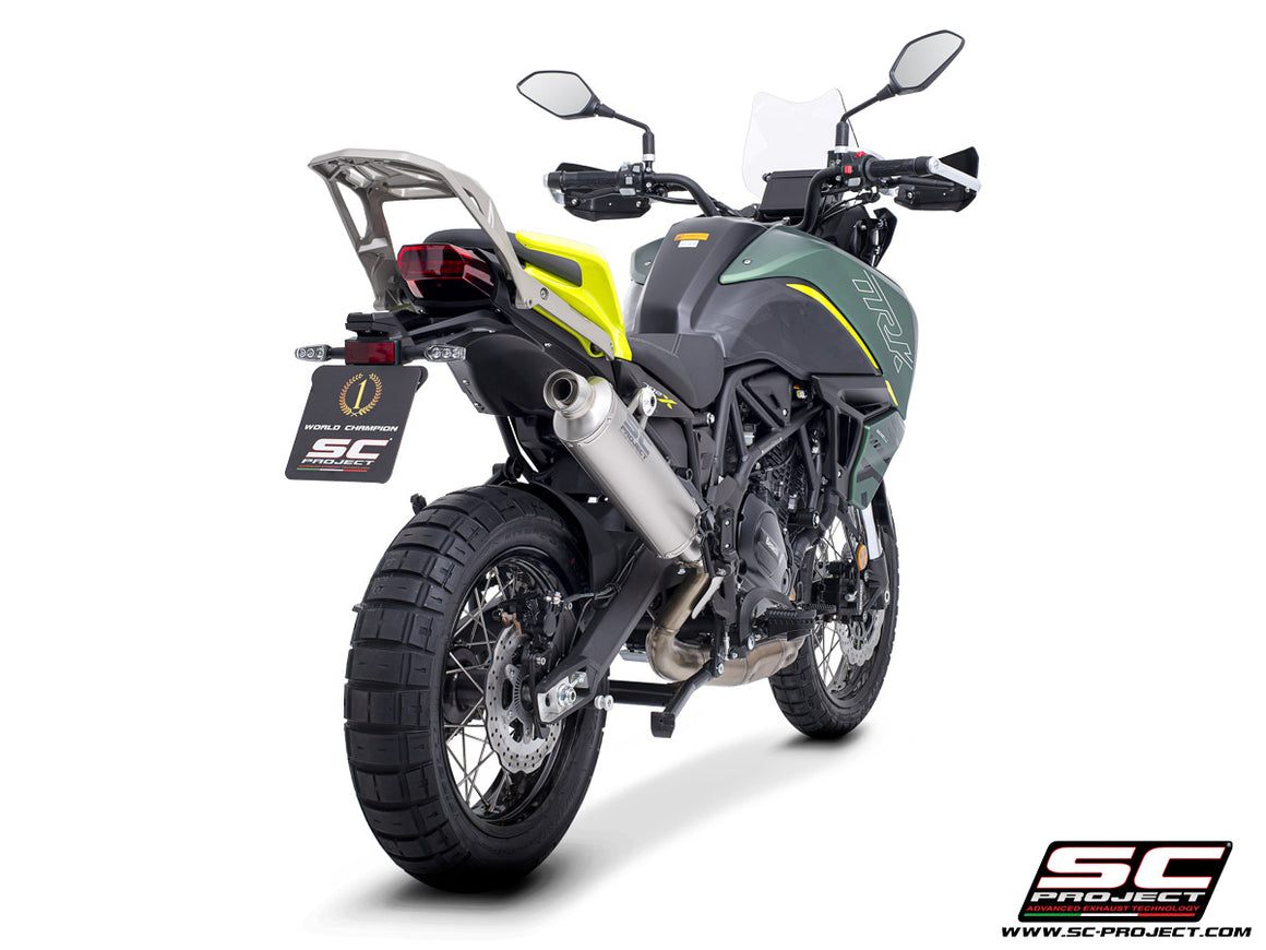 Benelli TRK 702 with SC-Project Rally-S titanium exhaust, 3/4 rear view