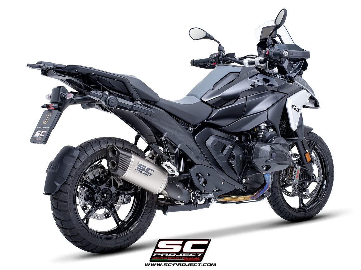 BMW R 1300 GS  with SC-Project Adventure-R compatible with original side-cases titanium exhaust, 3/4 rear view