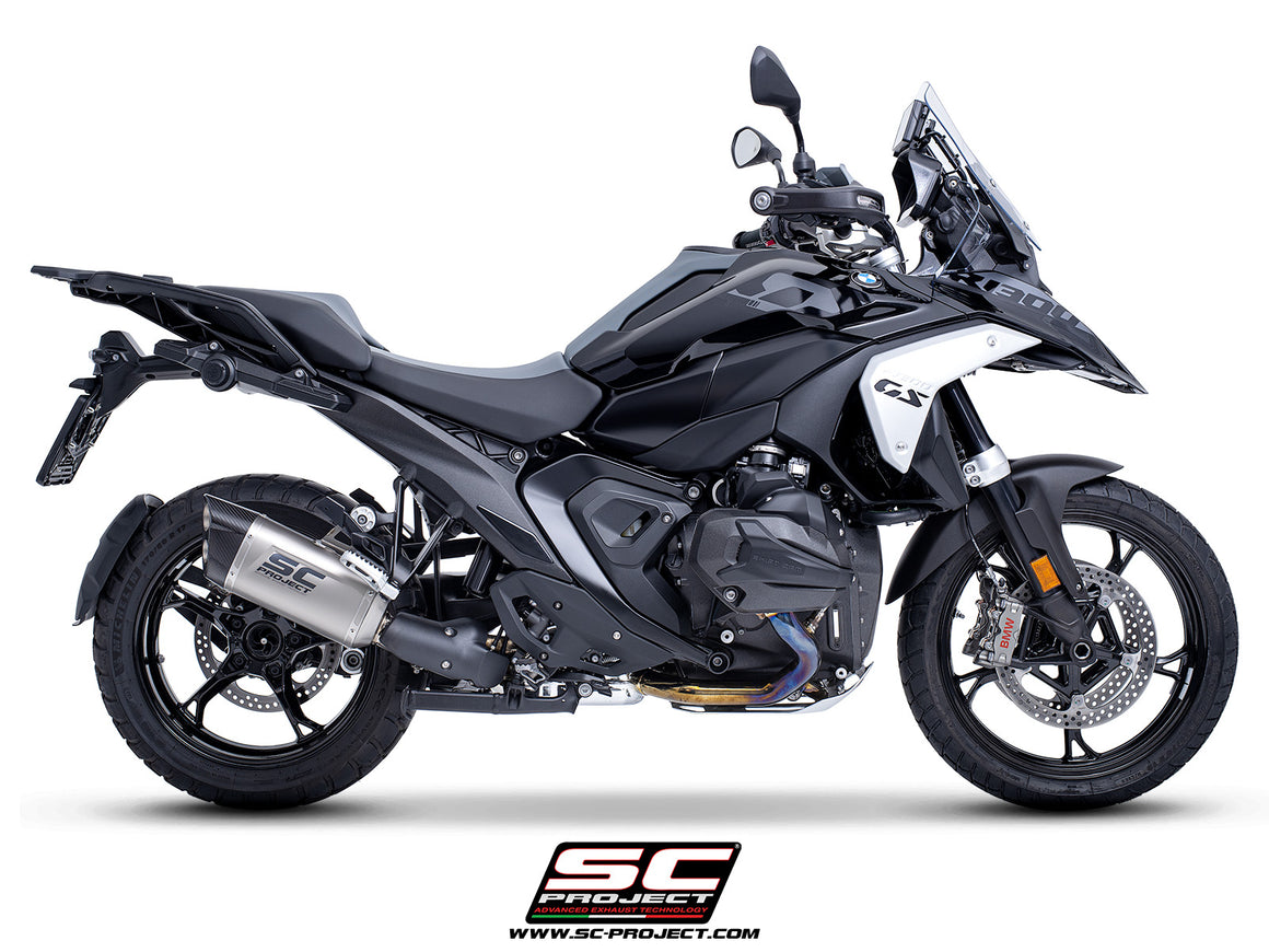 BMW R 1300 GS  with SC-Project Adventure-R compatible with original side-cases titanium exhaust, 3/4 rear view