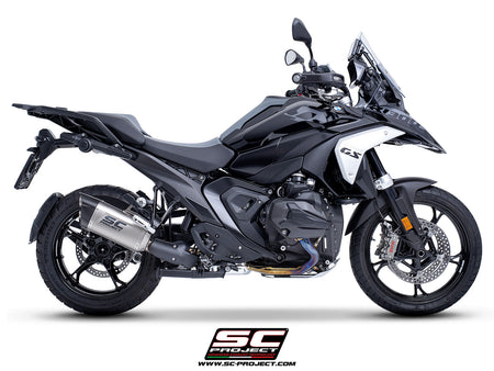 BMW R 1300 GS  with SC-Project Adventure-R compatible with original side-cases titanium exhaust, 3/4 rear view