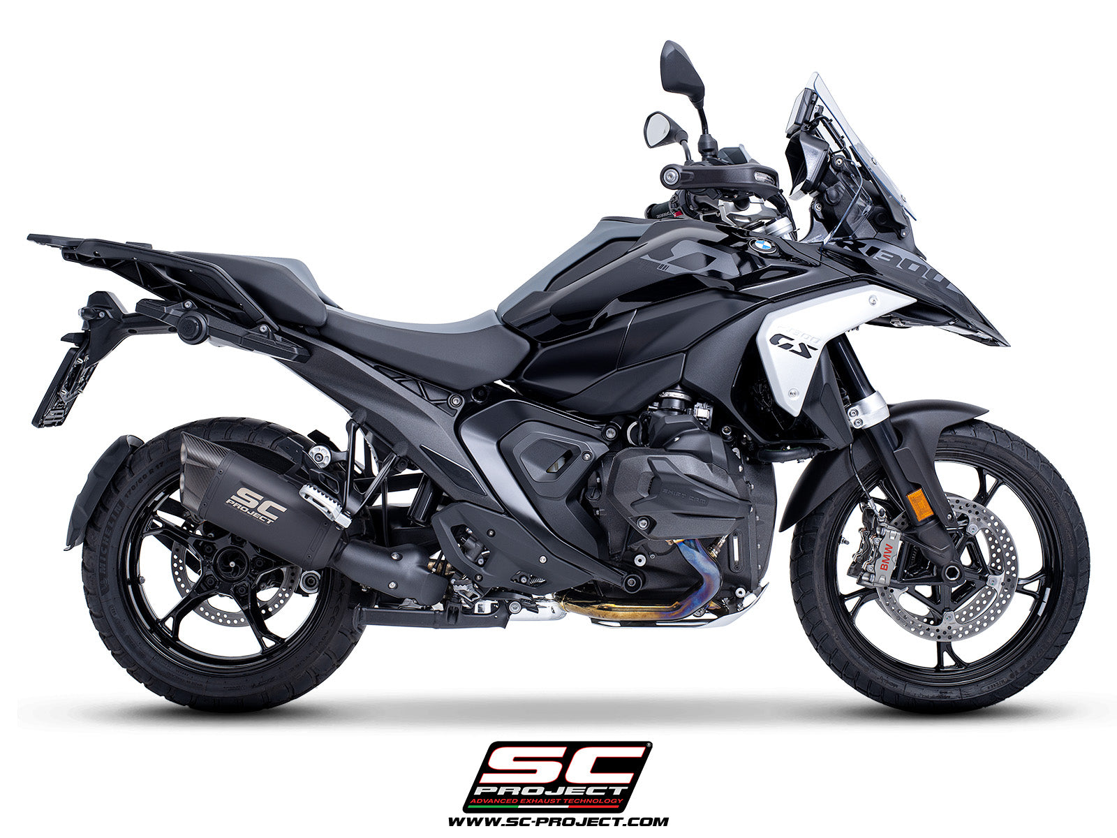 BMW R 1300 GS  with SC-Project Adventure-R compatible with original side-cases titanium matt black exhaust, 3/4 rear view