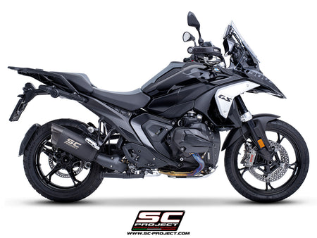 BMW R 1300 GS  with SC-Project Adventure-R compatible with original side-cases titanium matt black exhaust, 3/4 rear view