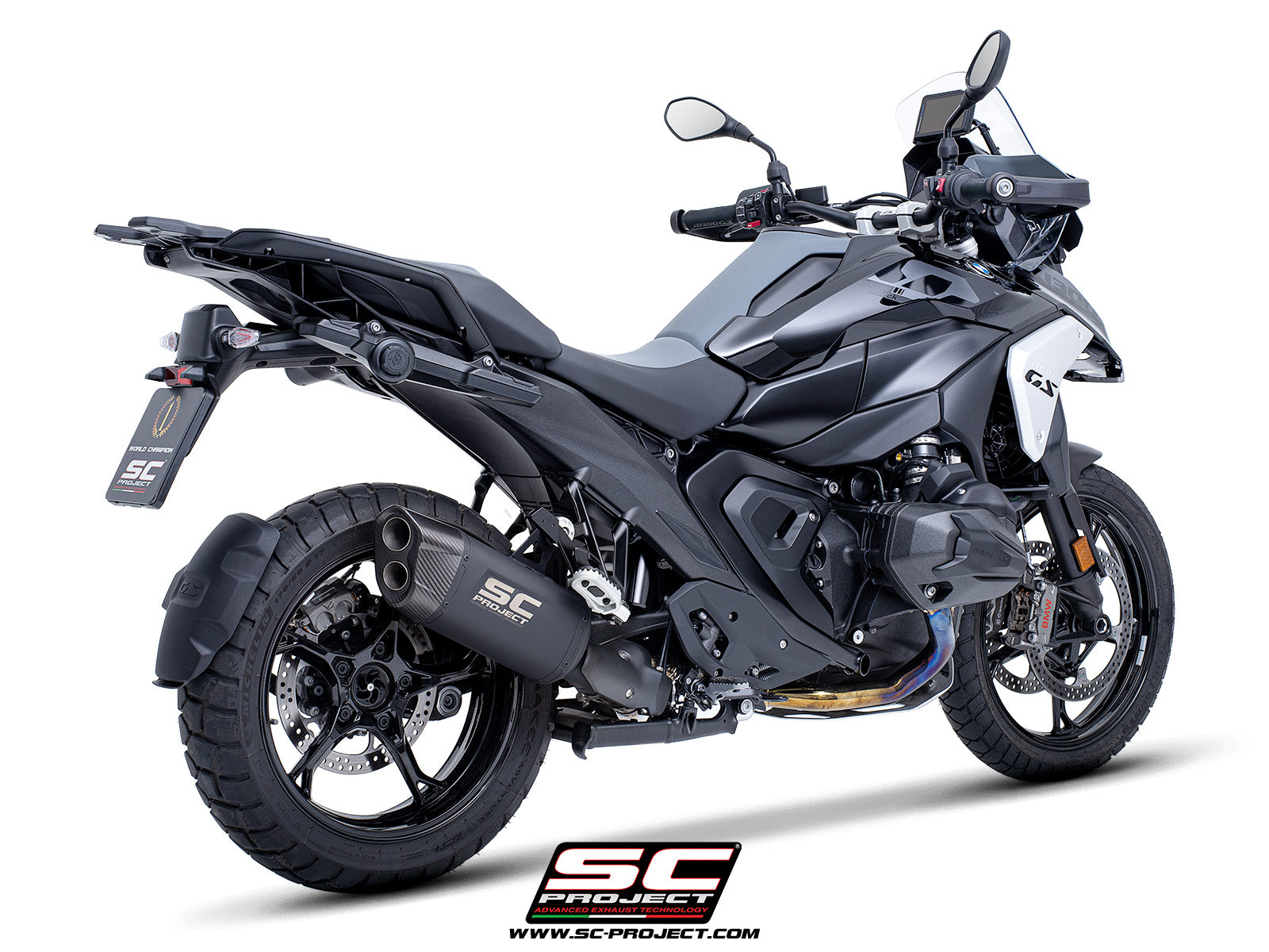 BMW R 1300 GS  with SC-Project Adventure-R compatible with original side-cases titanium matt black exhaust, 3/4 rear view