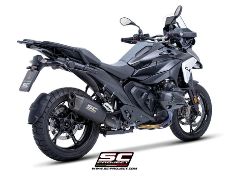 BMW R 1300 GS  with SC-Project Adventure-R compatible with original side-cases titanium matt black exhaust, 3/4 rear view