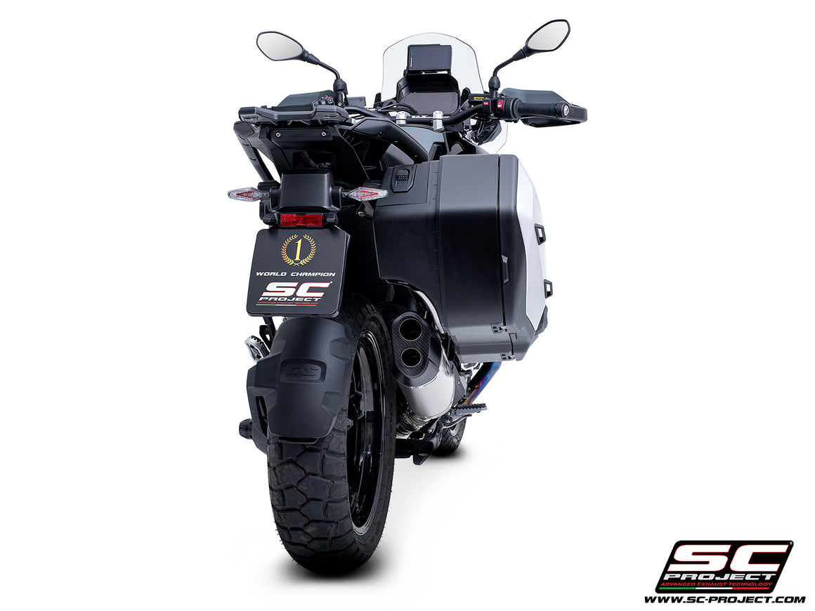 BMW R 1300 GS  with SC-Project Adventure-R compatible with original side-cases titanium exhaust, 3/4 rear view