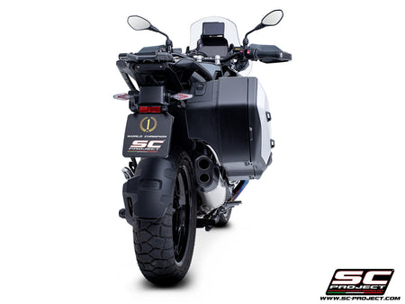 BMW R 1300 GS  with SC-Project Adventure-R compatible with original side-cases titanium exhaust, 3/4 rear view