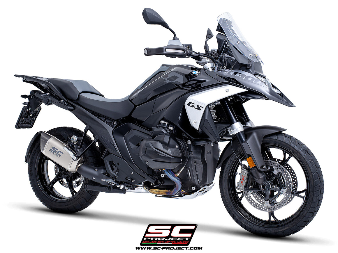 BMW R 1300 GS  with SC-Project Adventure-R compatible with original side-cases titanium exhaust, 3/4 rear view