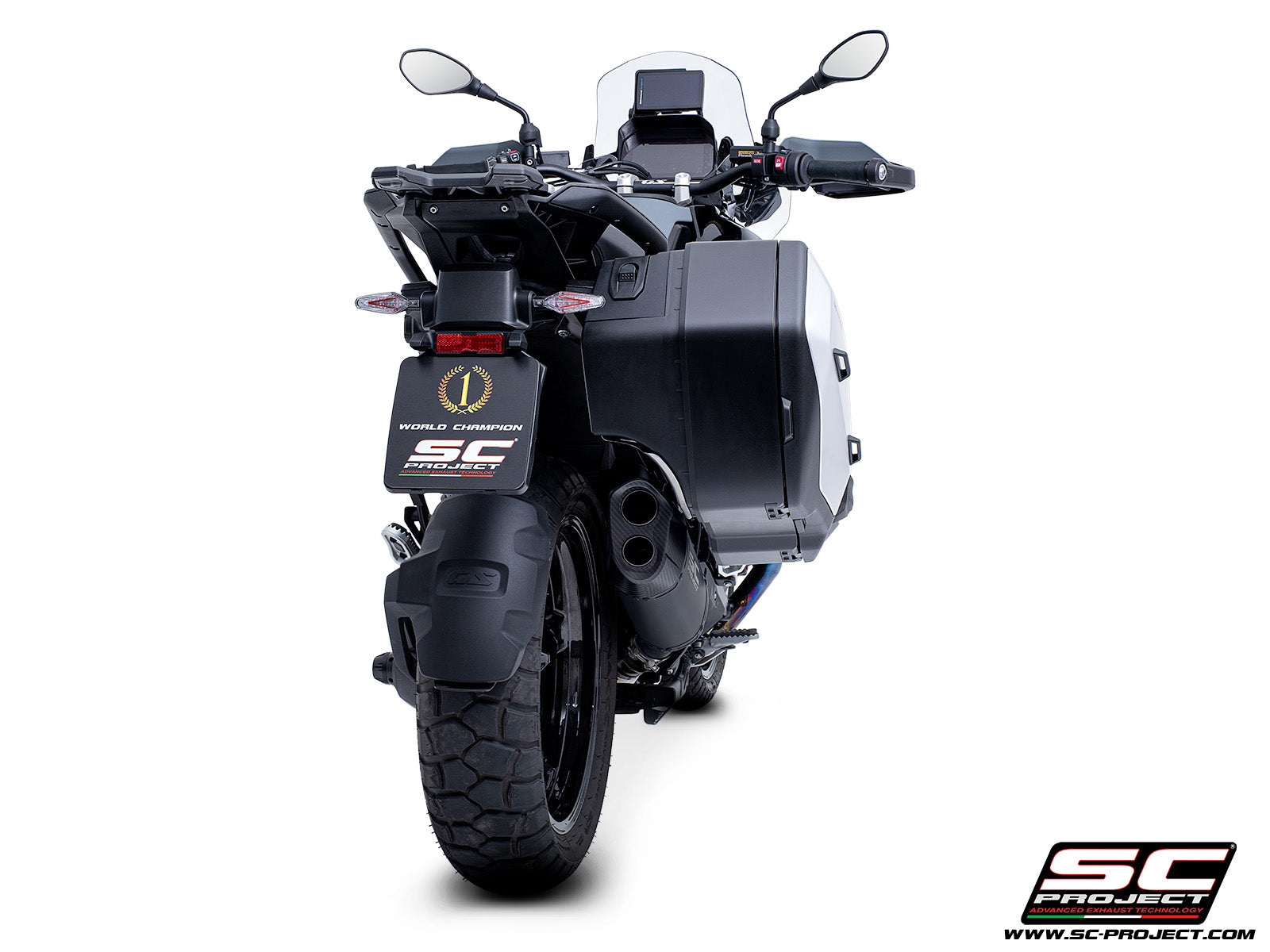 BMW R 1300 GS  with SC-Project Adventure-R compatible with original side-cases titanium matt black exhaust, 3/4 rear view