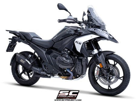 BMW R 1300 GS  with SC-Project Adventure-R compatible with original side-cases titanium matt black exhaust, 3/4 rear view