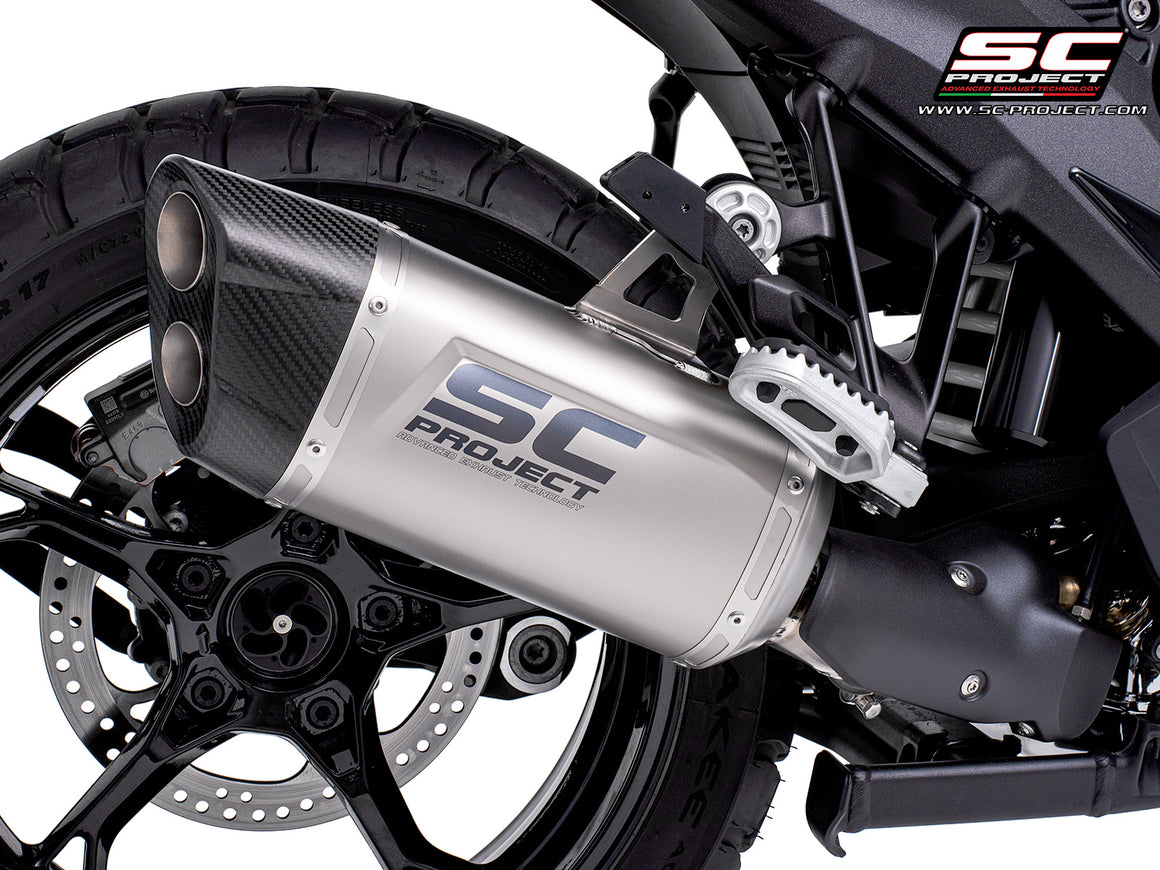 BMW R 1300 GS  with SC-Project Adventure-R compatible with original side-cases titanium exhaust, 3/4 rear view