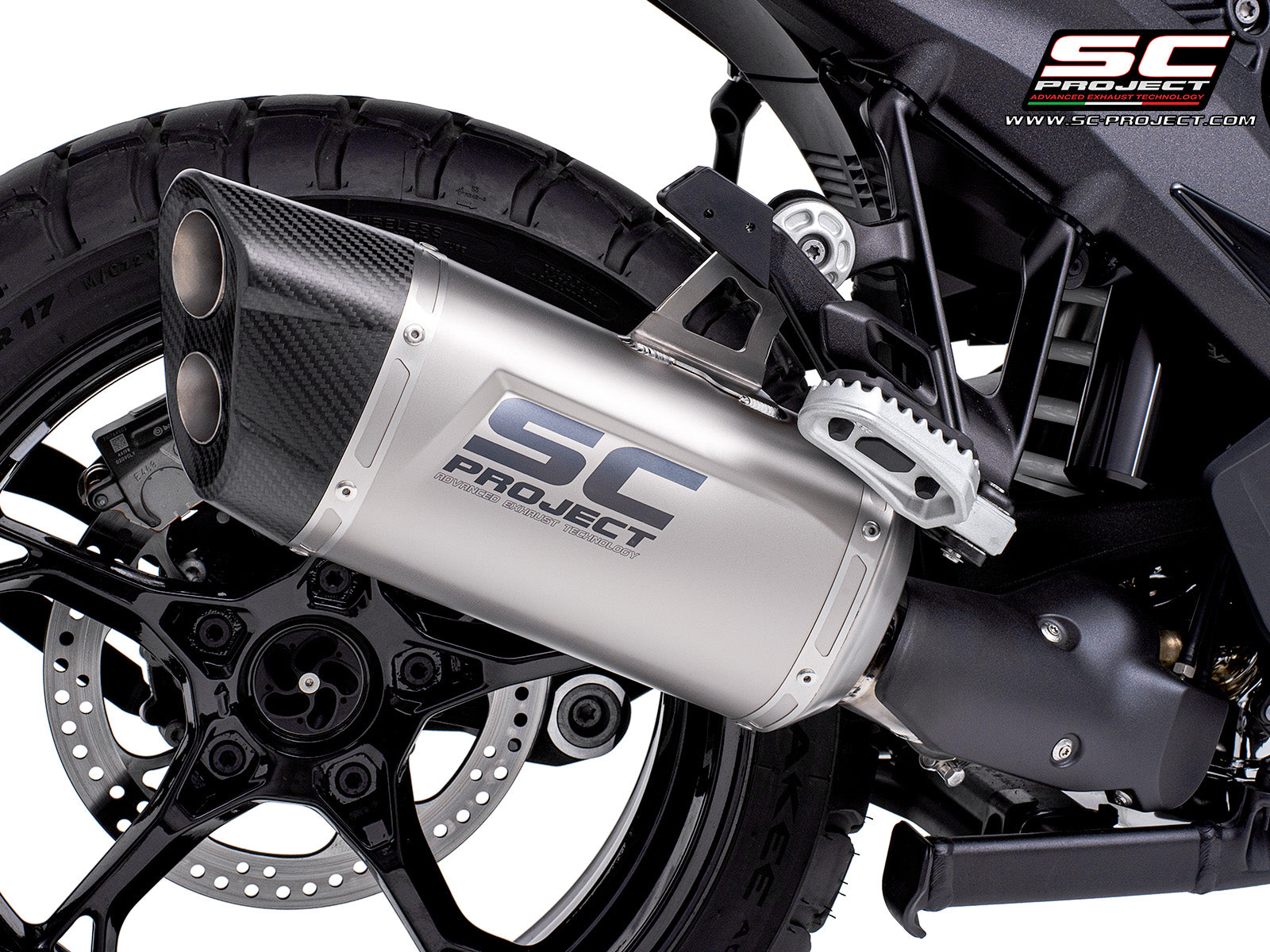 BMW R 1300 GS  with SC-Project Adventure-R compatible with original side-cases titanium exhaust, 3/4 rear view