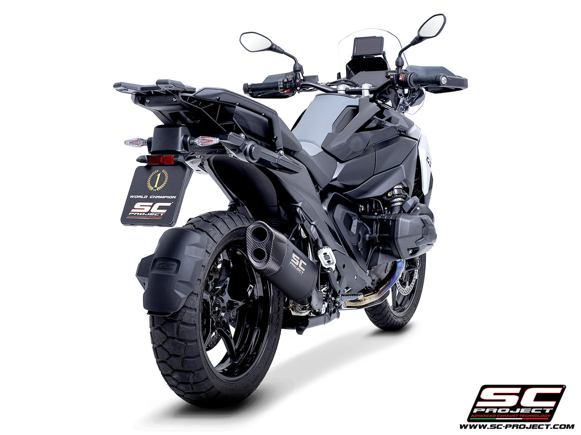 BMW R 1300 GS  with SC-Project Adventure-R compatible with original side-cases titanium matt black exhaust, 3/4 rear view
