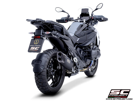 BMW R 1300 GS  with SC-Project Adventure-R compatible with original side-cases titanium matt black exhaust, 3/4 rear view