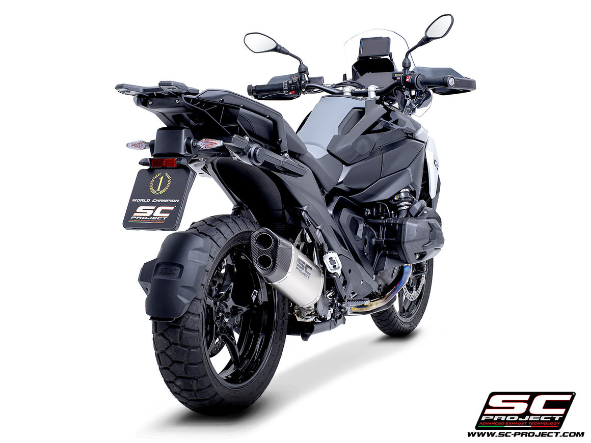 BMW R 1300 GS  with SC-Project Adventure-R compatible with original side-cases titanium exhaust, 3/4 rear view