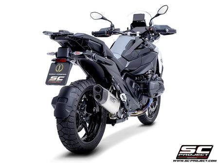 BMW R 1300 GS  with SC-Project Adventure-R compatible with original side-cases titanium exhaust, 3/4 rear view