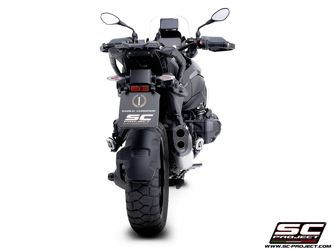 BMW R 1300 GS  with SC-Project Adventure-R compatible with original side-cases titanium exhaust, 3/4 rear view