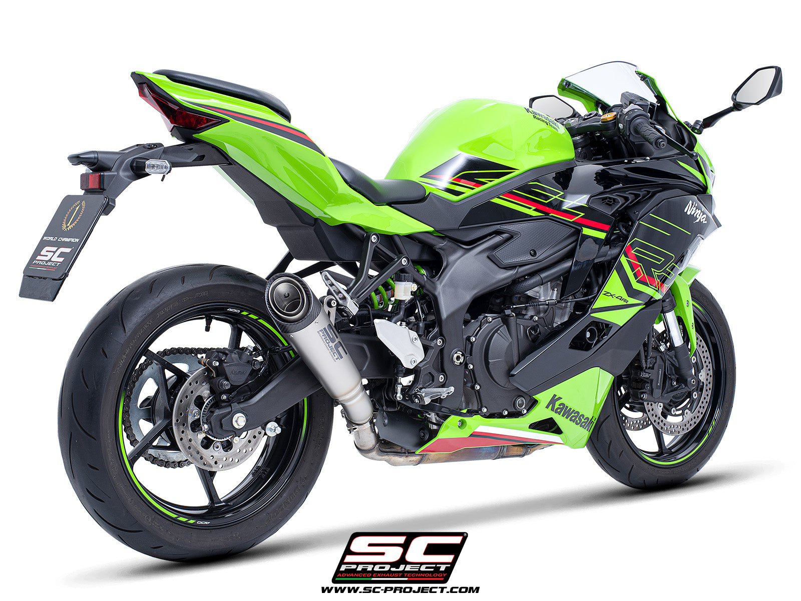 Kawasaki ZX-4R - RR with SC-Project S1 titanium exhaust, 3/4 rear view