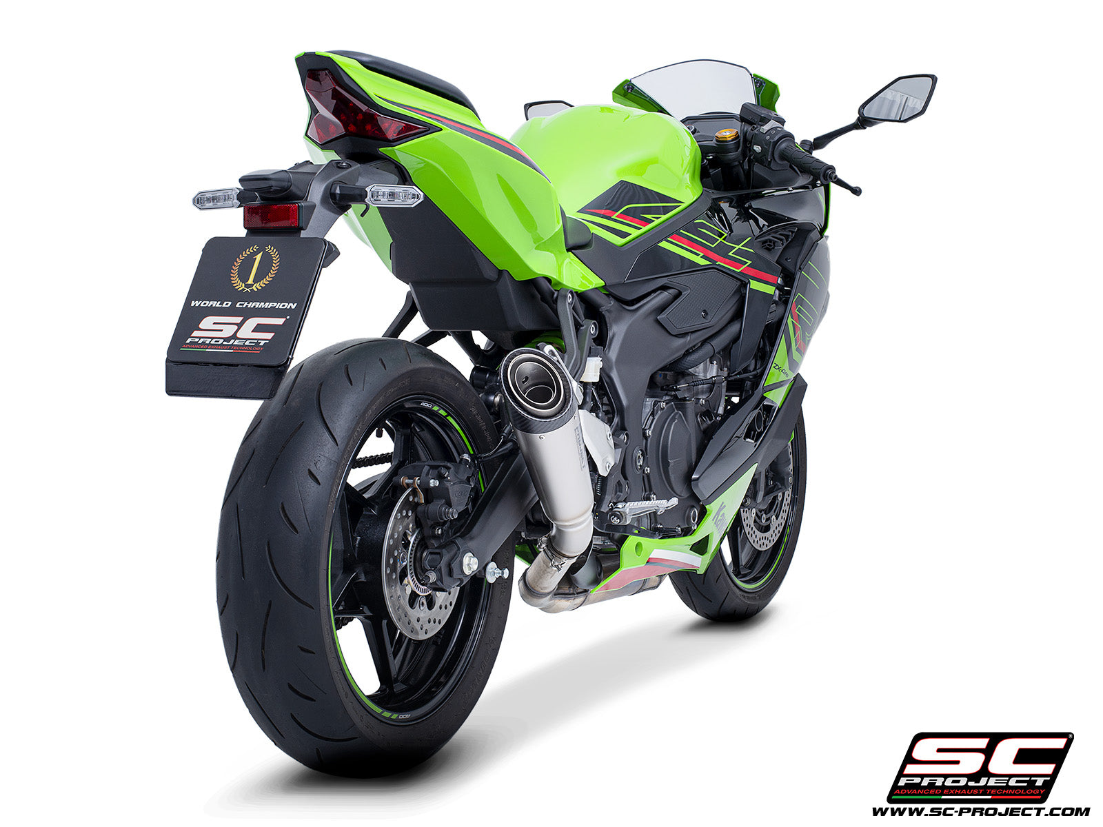Kawasaki ZX-4R - RR with SC-Project S1 titanium exhaust, 3/4 rear view