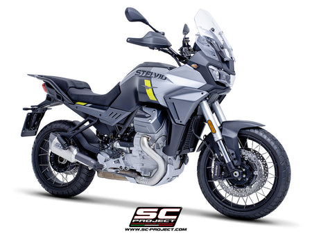 Moto Guzzi Stelvio with SC-Project SC1-R titanium exhaust, 3/4 rear view