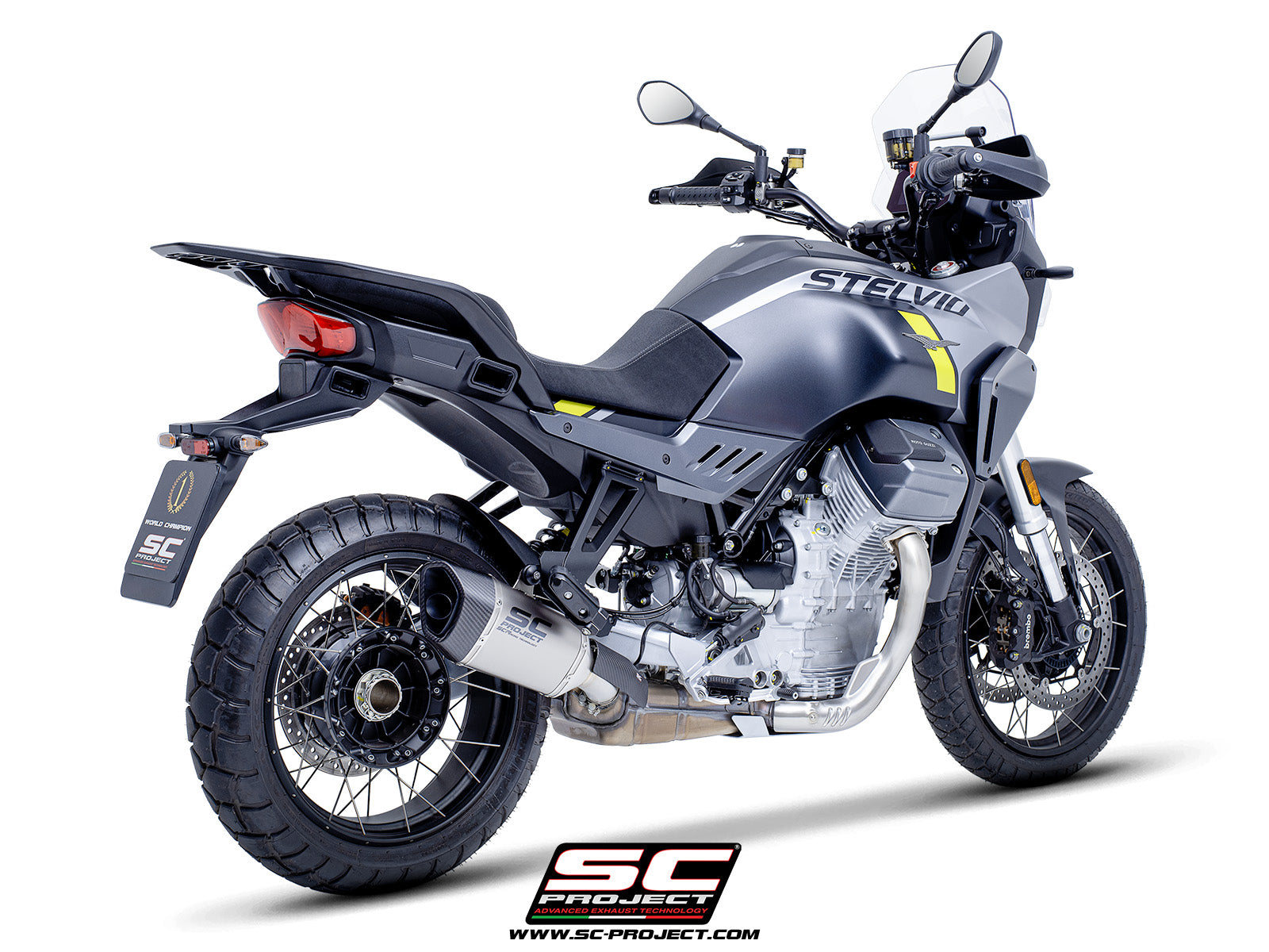 Moto Guzzi Stelvio with SC-Project SC1-R titanium exhaust, 3/4 rear view