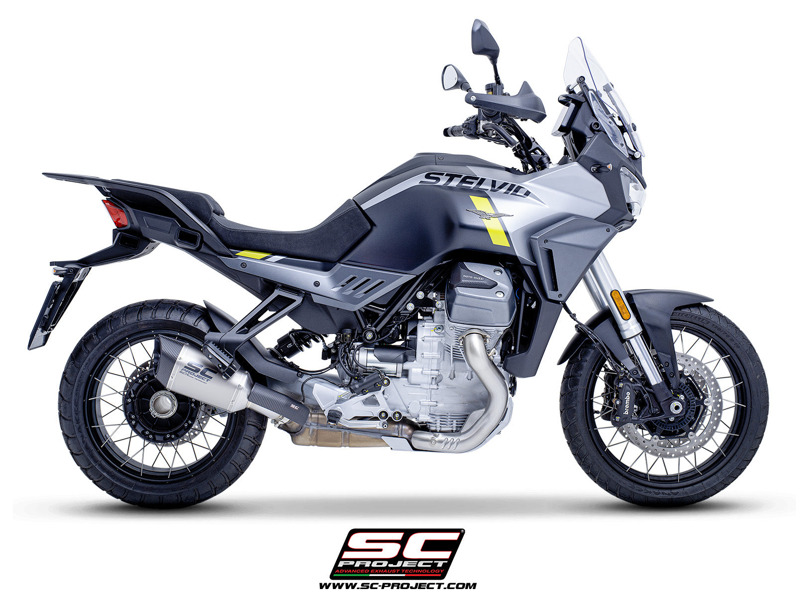Moto Guzzi Stelvio with SC-Project SC1-R titanium exhaust, 3/4 rear view