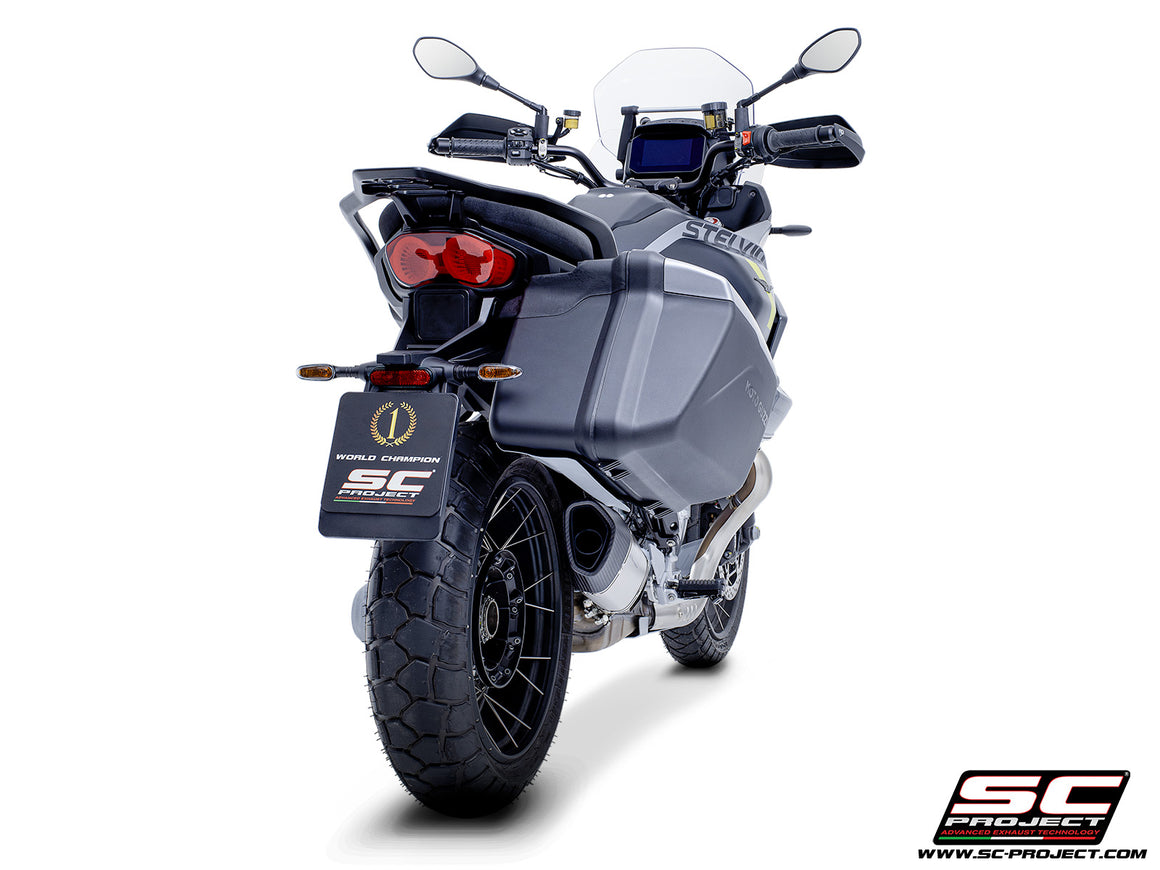 Moto Guzzi Stelvio with SC-Project SC1-R titanium exhaust, 3/4 rear view