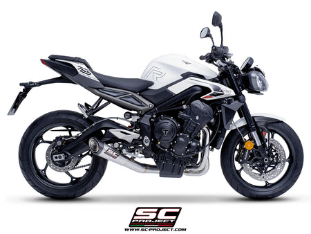 Triumph Street Triple 765 R - RS with SC-Project S1 stainless steel exhaust, 3/4 rear view