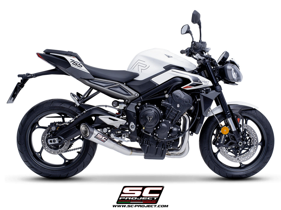 Triumph Street Triple 765 R - RS with SC-Project S1 stainless steel exhaust, 3/4 rear view