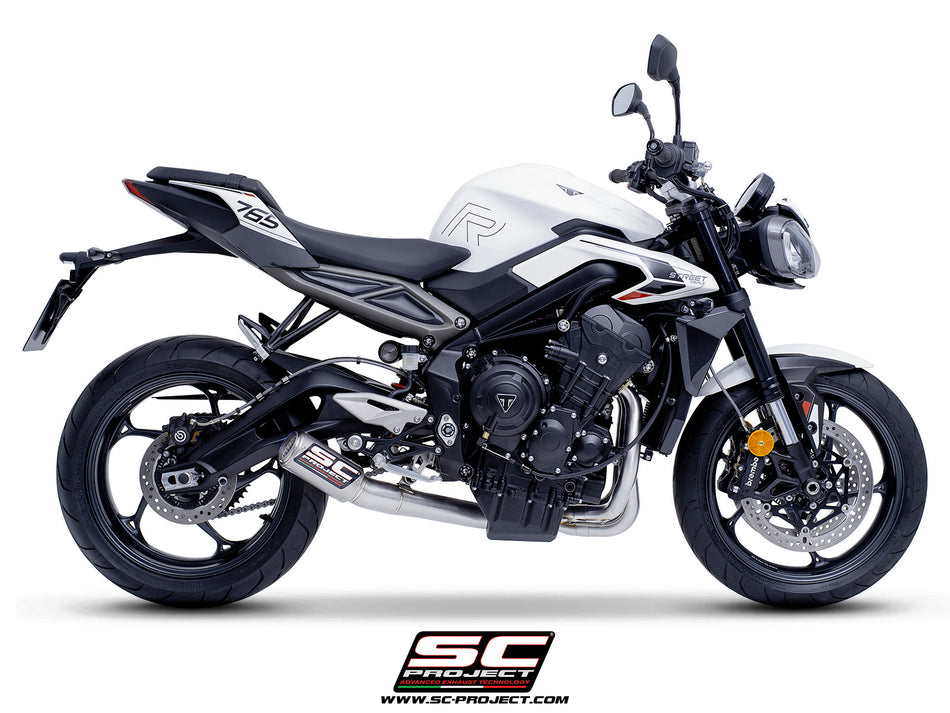 Triumph Street Triple 765 R - RS with SC-Project 3-1 Stainless steel full exhaust system, with CR-T titanium exhaust with stoneguard grid, 3/4 rear view