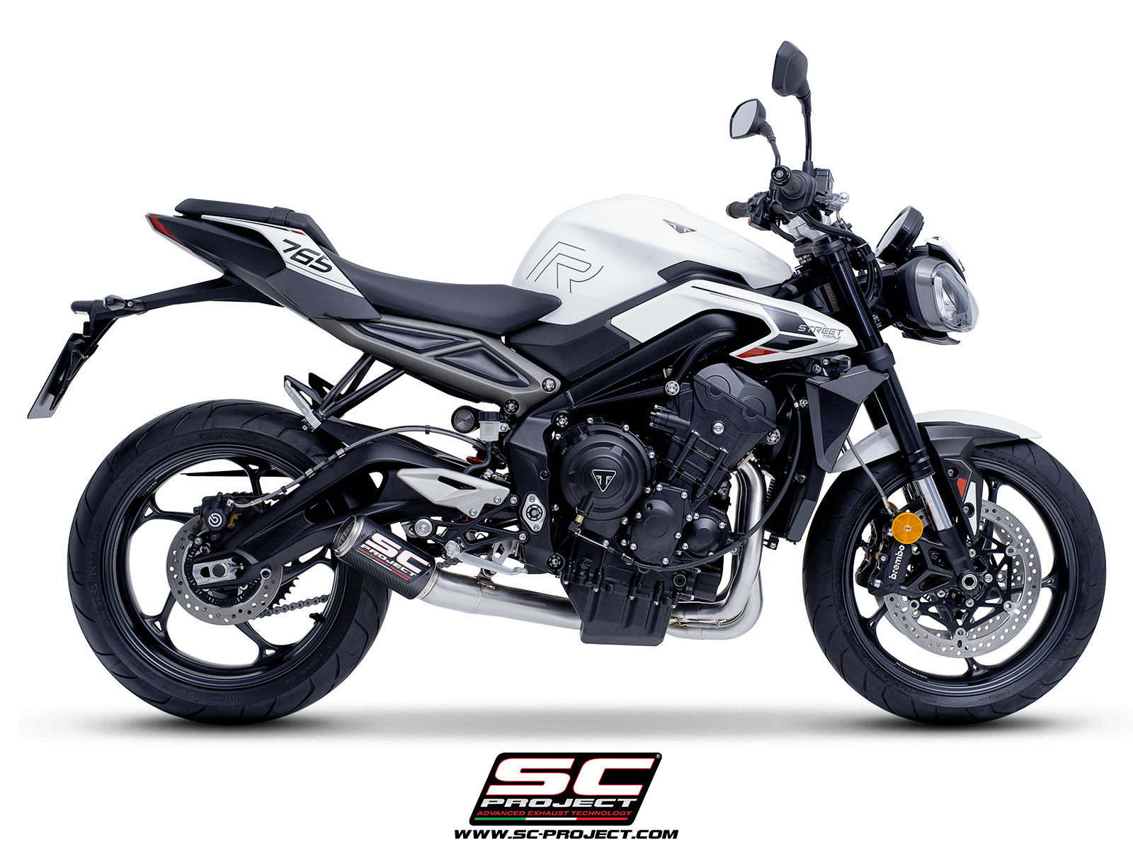 Triumph Street Triple 765 R - RS with SC-Project 3-1 Stainless steel full exhaust system, with CR-T carbon exhaust with stoneguard grid, 3/4 rear view